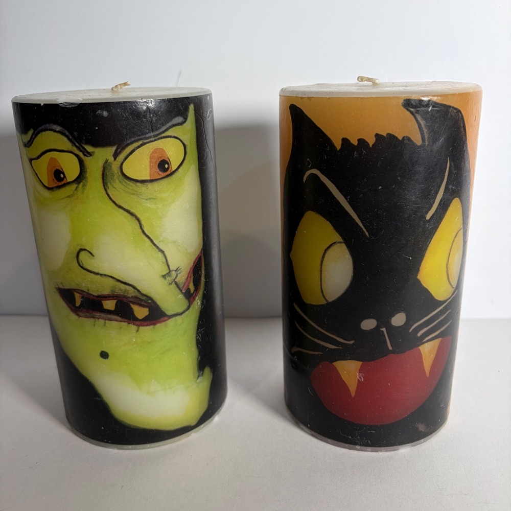 VTG Style Halloween Pillar Candles Set Green Witch Black Cat Fangs 6in Decor